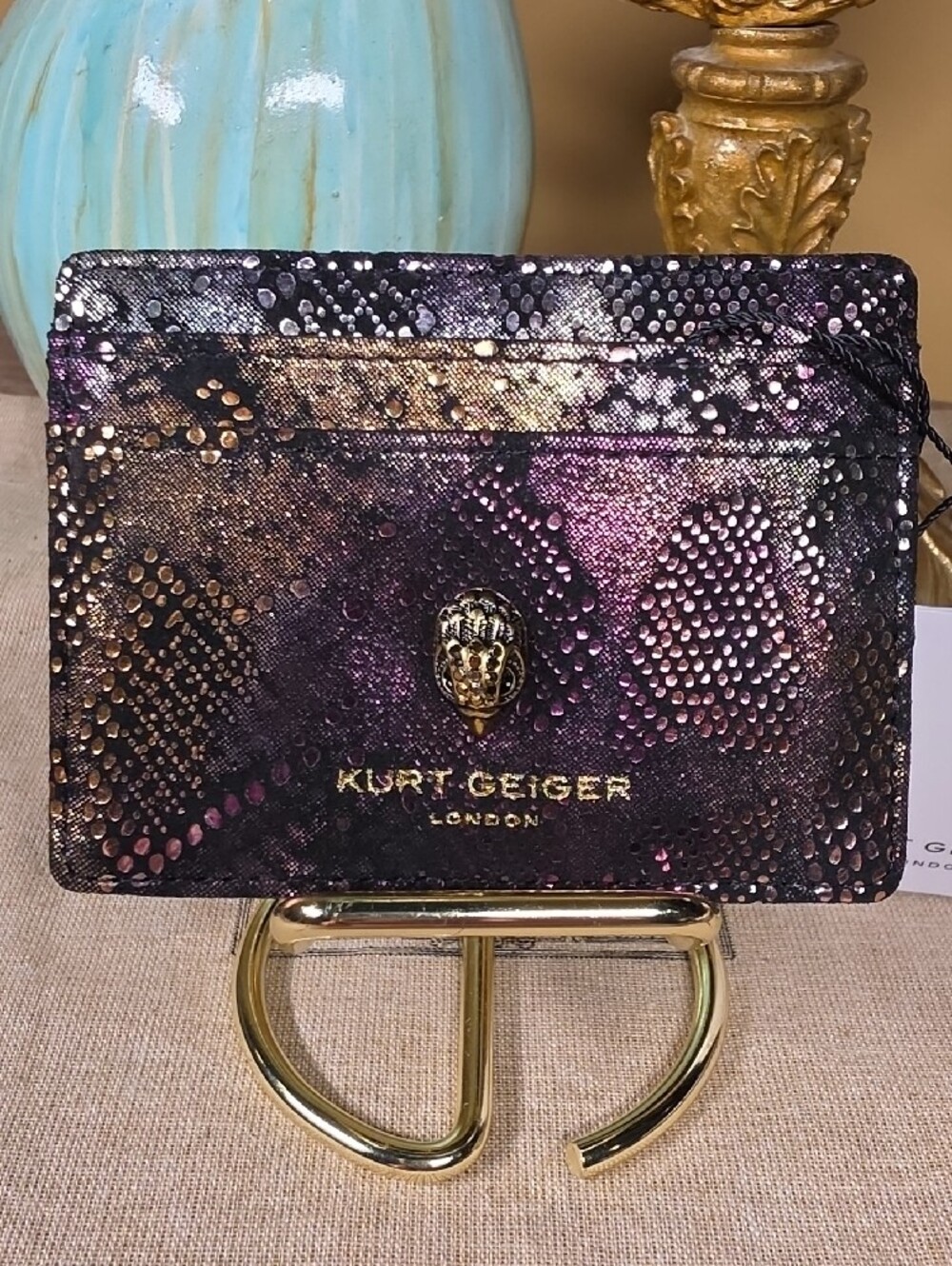 Kurt Geiger Metallic Snake-Print Card Holder - Purple & Gold NWT! NIB!